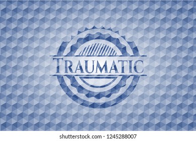 Traumatic blue emblem with geometric background.