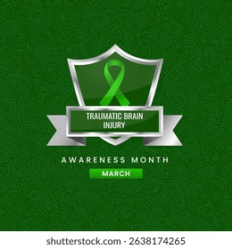Traumatic brain injury awareness month background Shield design with Green silk ribbon.