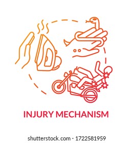 Traumatic injury mechanism concept icon. Household appliance burn and road accident, snakebite and motorcycle trauma thin line illustration. Vector isolated outline RGB color drawing