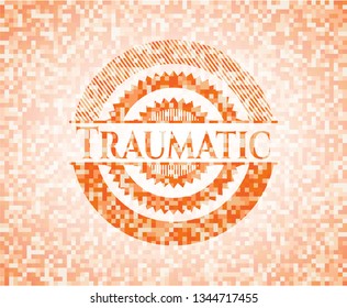 Traumatic orange tile background illustration. Square geometric mosaic seamless pattern with emblem inside.
