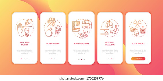 Traumatism, avulsion and blast onboarding mobile app page screen with concepts. Fracture and toxic injury walkthrough 5 steps graphic instructions. UI vector template with RGB color illustrations