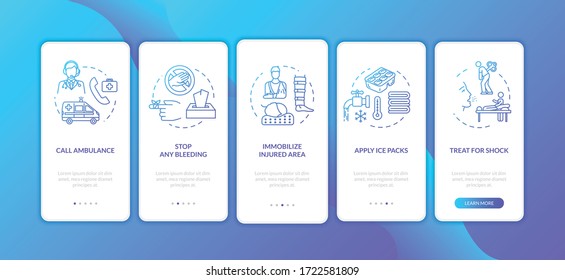 Traumatism first aid onboarding mobile app page screen with concepts. Injury therapy types walkthrough 5 steps graphic instructions. UI vector template with RGB color illustrations