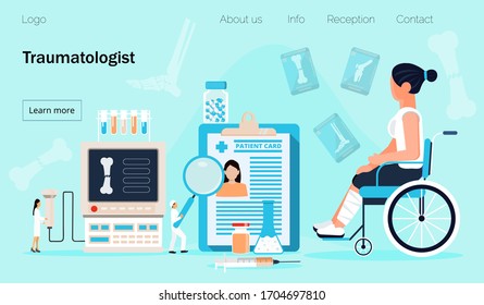 Traumatologist concept vector. Disabled girl with broken leg in clinic. Sport trauma scene. Woman in a wheelchair, and tiny doctors of traumatology treat patient. Rehabilitation illustration.