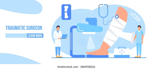 Vector de concepto de traumatólogo para la página de aterrizaje, banner. El cirujano le pone un elenco a la pierna inferior. Los médicos tratan el reumatismo, la osteoartritis, la artritis. Hacen una radiografía. 