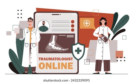 Traumatologist online concept. Man and woman in medical uniform near xray of leg. Health care and medicine, treatment. Medical staff treating foot fracture. Cartoon flat vector illustration