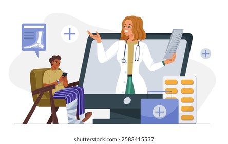 Traumatologist online consultation. Man with broken leg talks to woman in medical uniform on internet. Diagnosis and treatment. Healthcare and medicine. Flat vector illustration
