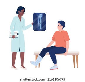 Traumatologist and patient with broken leg semi flat color vector characters. Posing figures. Full body people on white. Health simple cartoon style illustration for web graphic design and animation