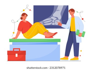 Traumatologist with patient concept. Man in medical gown looks at xray of womans leg. Diagnosis and treatment, health care. Girl with cracked bones visit specialist. Cartoon flat vector illustration