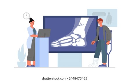 Traumatologist with patient. Woman in medical uniform near man with broken leg and stick. Doctor with Xray. Health care and medicine. Diagnosis and treatment. Cartoon flat vector illustration