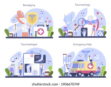 Traumatologist And Trauma Surgery Doctor Set. Injured Limb, Broken Bone Or Sprain. Bondage And Cast Application. Emergency Help. Vector Illustration