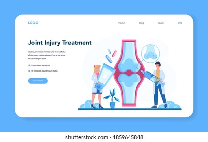 Traumatologist and trauma surgery doctor web banner or landing page. Joint injury treatment. Injured limb. Bondage and cast application. Vector illustration