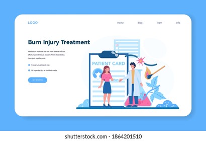 Banner web o página de aterrizaje del médico de cirugía traumática y traumatóloga. Tratamiento de lesiones por quemaduras de piel. Primeros auxilios por daños causados por heridas térmicas. Ilustración vectorial aislada