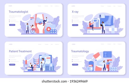 Traumatologist web banner or landing page set. Injured limb, broken bone