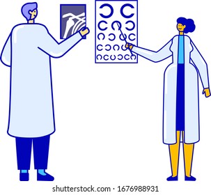 Traumatologist with x-ray and ophthalmologist with eye test showing people problems isolated on white, vector illustration. Linear flat doctor in uniform in clinic. Health care, professional help