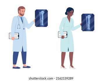 Traumatologists holding x-ray photos semi flat color vector characters set. Standing figure. Full body people on white. Simple cartoon style illustration for web graphic design and animation pack
