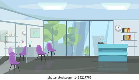 Traumatology cabinet flat vector illustration. Orthopedics, empty trauma clinic panorama. Physician office, diagnostic center with nobody inside. Hospital hall interior decor. Emergency room