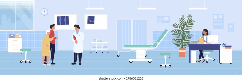 Traumatology Checkup Vector Illustration. Cartoon Old Woman Patient And Man Characters Visit Doctor Traumatologist In Medical Clinic Or Hospital For Trauma Examination. Medicine Healthcare Background