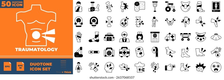 Traumatology Duotone Editable Icons set. Vector illustration in modern thin duotone style of traumatology icons: medical, hospital, surgery, etc