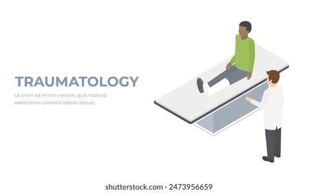 Traumatology isometric concept. Patient with a broken leg illustration.
