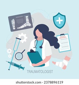 Traumatology medical healthcare, traumatologist doctor. Doctor examining x-ray of patient leg. Human bones and skeleton parts, x-ray, fixator and crutch, pain relieve pills and prescription. vector