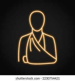 Traumatology neon icon in line style. Medical help with accidents. Person with broken arm. Vector illustration