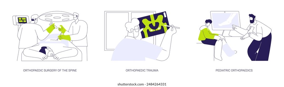 Traumatology and orthopaedic surgery abstract concept vector illustration set. Orthopaedic surgery of the spine, trauma treatment, medical help, pediatric trauma, doctor in hospital abstract metaphor.