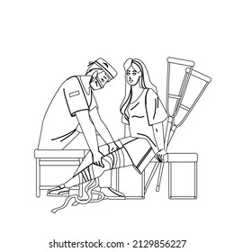 In Traumatology Patient Treatment Trauma Black Line Pencil Drawing Vector. Traumatologist Doctor Treat Woman With Broken Leg In Traumatology Hospital Cabinet And Applying Elastic Bandage. Characters