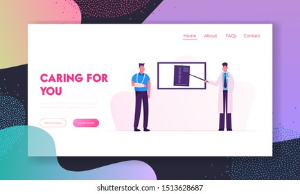 Traumatology Practitioner Appointment Website Landing Page. Doctor Stand at Screen Pointing on Xray Image of Patient Broken Arm Bones at Hospital Web Page Banner. Cartoon Flat Vector Illustration