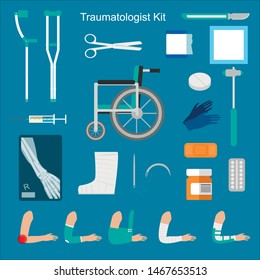 traumatology tool hospital equipment set, vector flat style illustration