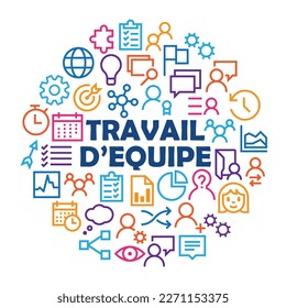 TRAVAIL D'EQUIPE (TEAMWORK in French) business concept with icons arranged in a circle on white background