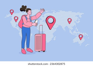 Traval around the world outline. luggages and world map. Planning summer vacations. Woman travailing. Hotel travel accommodation. vacation trip. Flat design vector illustration.