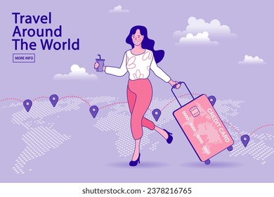 Traval around the world outline. luggages and world map. Planning summer vacations. Woman travailing. Hotel travel accommodation. vacation trip. Flat design vector illustration.