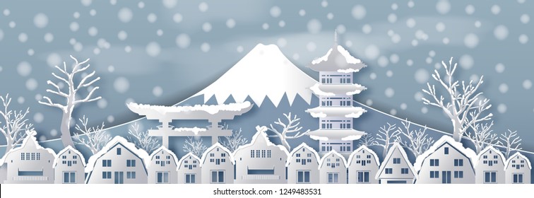 Traval to japan of world famous landmarks with snow.winter season in vector paper art and digital craft style.