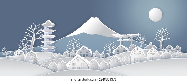 Traval to japan of world famous landmarks with snow.winter season in vector paper art and digital craft style.