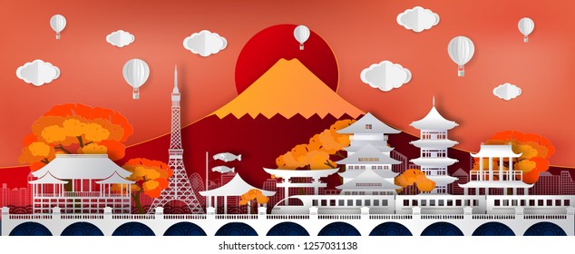 Viajar a Japón de los famosos monumentos de Japón en la temporada de otoño con el globo.concepto vectorial papel arte y estilo artesanal digital.