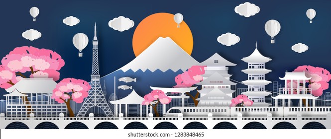 Traval to japan of world famous landmarks  of Japan in autumn season with balloon.concept vector paper art and digital craft style.