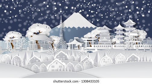 Traval to japan of world famous landmarks with snow.winter season in japan,vector paper art and digital craft style.