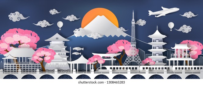 Traval to japan of world famous landmarks.vector paper art and digital craft style.