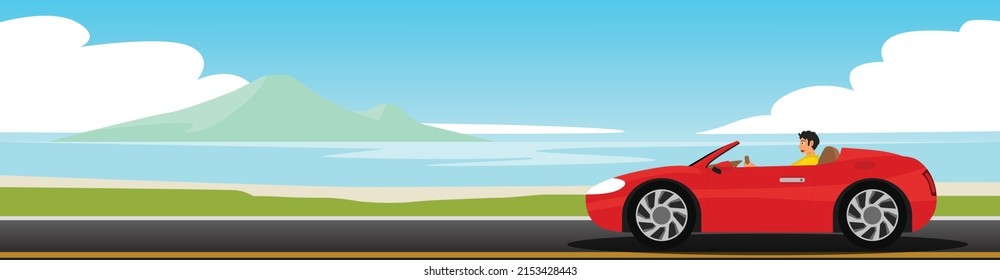 Travaling of sport roster car driving on tha asphalt road. Path sized a ocean beach, with sandy beaches and a background of island under a blue sky. Illustrator and Vector for summer posters.