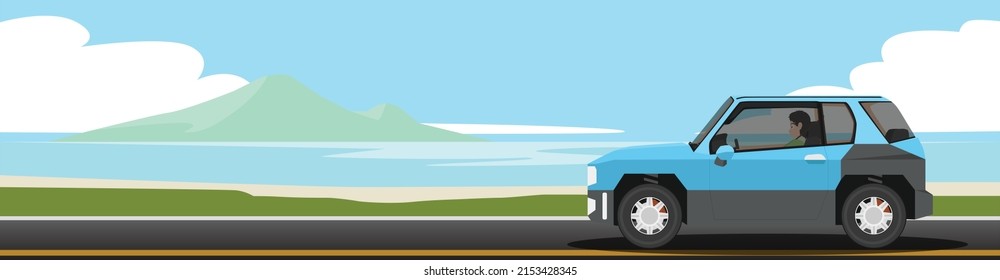 Travaling of SUV car blue color driving on tha asphalt road. Path sized a ocean beach, with sandy beaches and a background of island under a blue sky. Illustrator and Vector for summer posters.