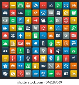 travel 100 icons set for web flat
