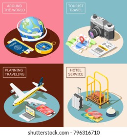 Travel 2x2 design concept with planning traveling hotel service world tour and tourism square icons  isometric vector illustration   