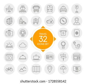 TRAVEL 32 icons set with circles design isolated on white background. Vector illustration.