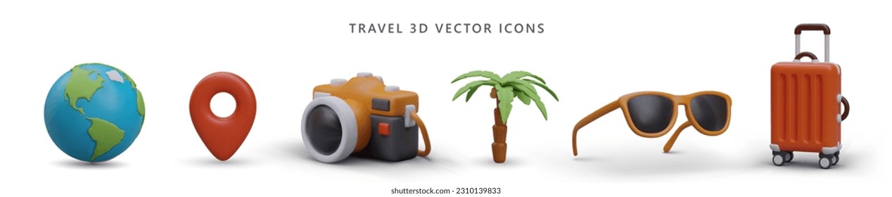 Travel 3D icons set with shadows. Collection of signs on theme of travel. Realistic Earth, sunglasses, carry on luggage, geotag, palm tree, camera. Bright and unusual illustrations