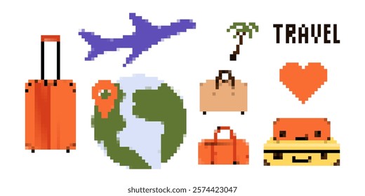 Travel 8 bit. Pixel suitcase or journey baggage, earth globe map, tropical resort, palm, plane. Arcade symbol travel text, vector simple minimal isolated illustration
