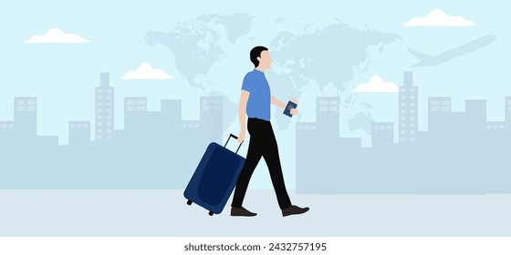 Travel aboard concept, man with travelling bag walking at the airport vector illustration. 