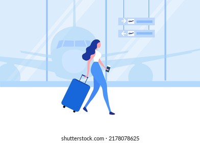 Travel Aboard Concept, Woman With Travelling Bag Walking At The Airport Vector Illustration. 