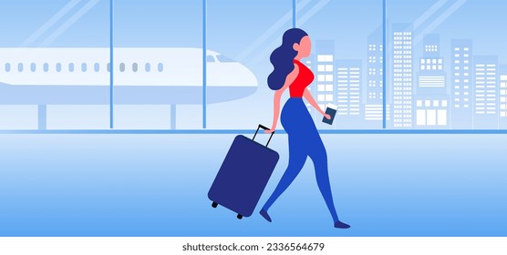 Travel aboard concept, Woman with travelling bag walking at the airport vector illustration. 