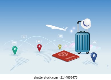 Travel abroad concept. Passport with luggage and airplane on world map and travel destination pin point. Reservation flight ticket, traveling by airplane to explore world.