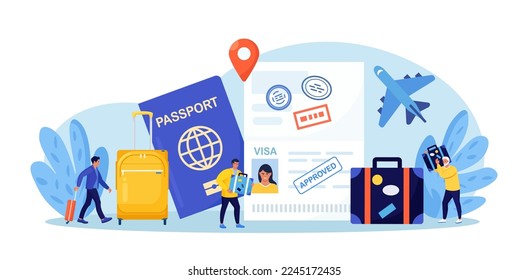 Travel abroad. International vacation or emigration procedure. Opened passport with valid visa stamps. People getting document for leaving country. Vacation trip offer. Journey and tourism concept.